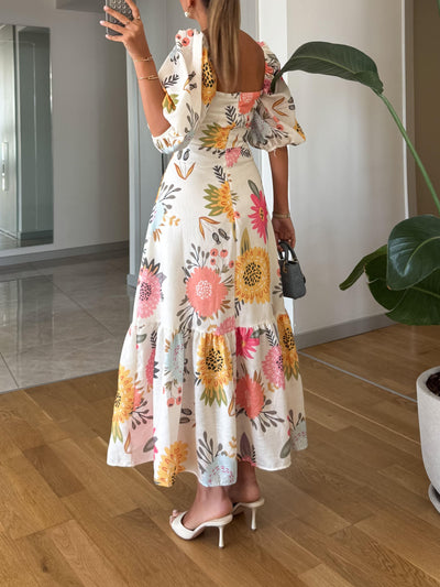Square Neck Floral Print Puff Sleeve Midi Dress miaforde.co