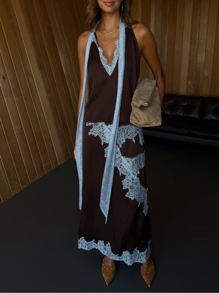Elegant Brown and Blue Lace Panel Top + Skirt Suit Set Claxoria