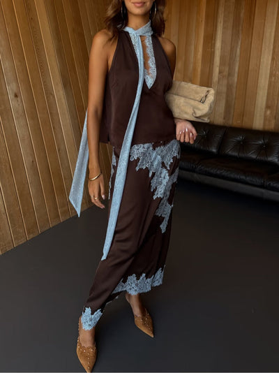 Elegant Brown and Blue Lace Panel Top + Skirt Suit Set Claxoria