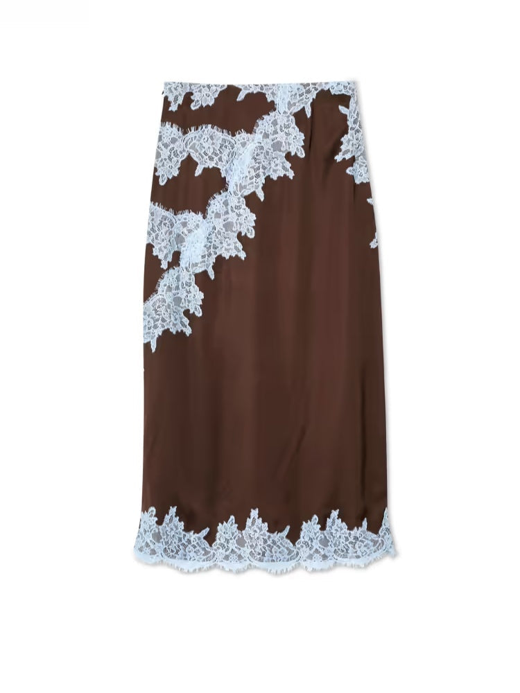 Elegant Brown and Blue Lace Panel Top + Skirt Suit Set Claxoria