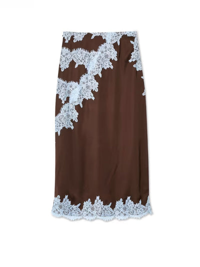 Elegant Brown and Blue Lace Panel Top + Skirt Suit Set Claxoria