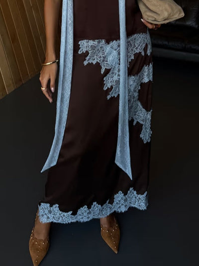 Elegant Brown and Blue Lace Panel Top + Skirt Suit Set Claxoria