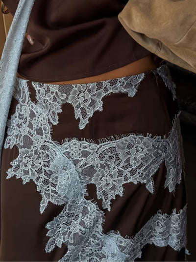Elegant Brown and Blue Lace Panel Top + Skirt Suit Set Claxoria