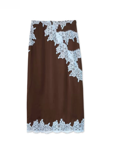 Elegant Brown and Blue Lace Panel Top + Skirt Suit Set Claxoria