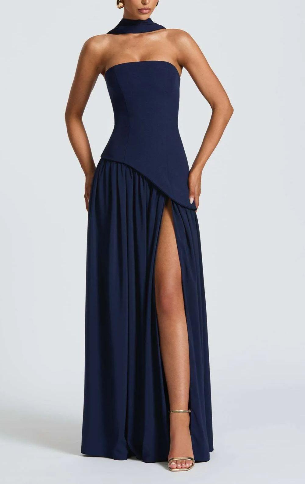 Strapless Slit Ribbon Maxi Dress Claxoria