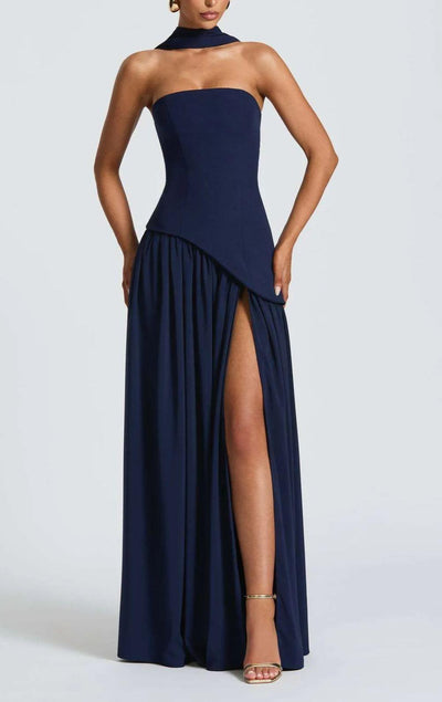 Strapless Slit Ribbon Maxi Dress Claxoria