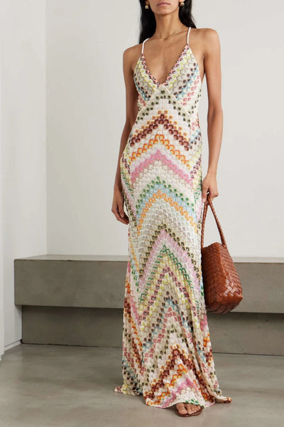Knit Colorful Herringbone Print Open Beck Maxi Dress Claxoria