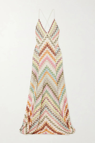 Knit Colorful Herringbone Print Open Beck Maxi Dress Claxoria