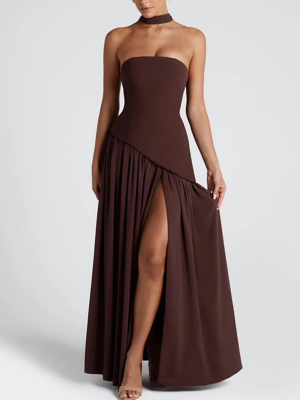 Strapless Slit Ribbon Maxi Dress Claxoria