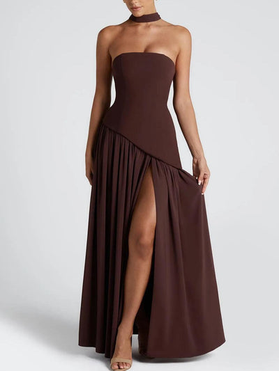 Strapless Slit Ribbon Maxi Dress Claxoria