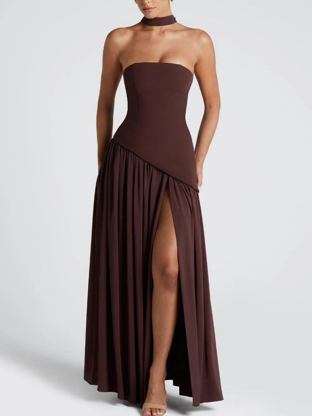 Strapless Slit Ribbon Maxi Dress Claxoria