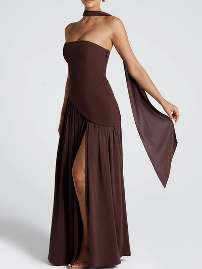 Strapless Slit Ribbon Maxi Dress Claxoria