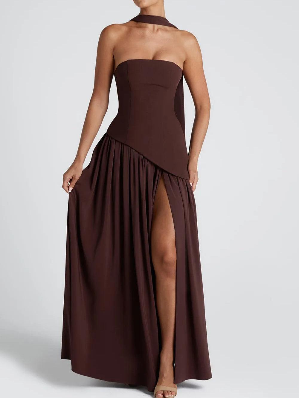 Strapless Slit Ribbon Maxi Dress Claxoria