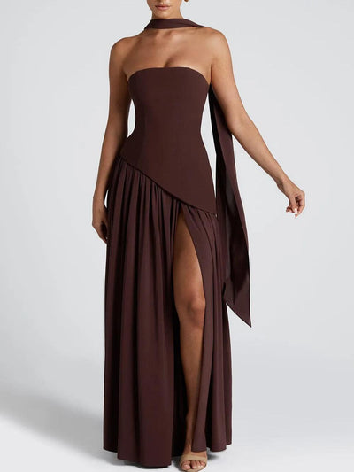 Strapless Slit Ribbon Maxi Dress Claxoria