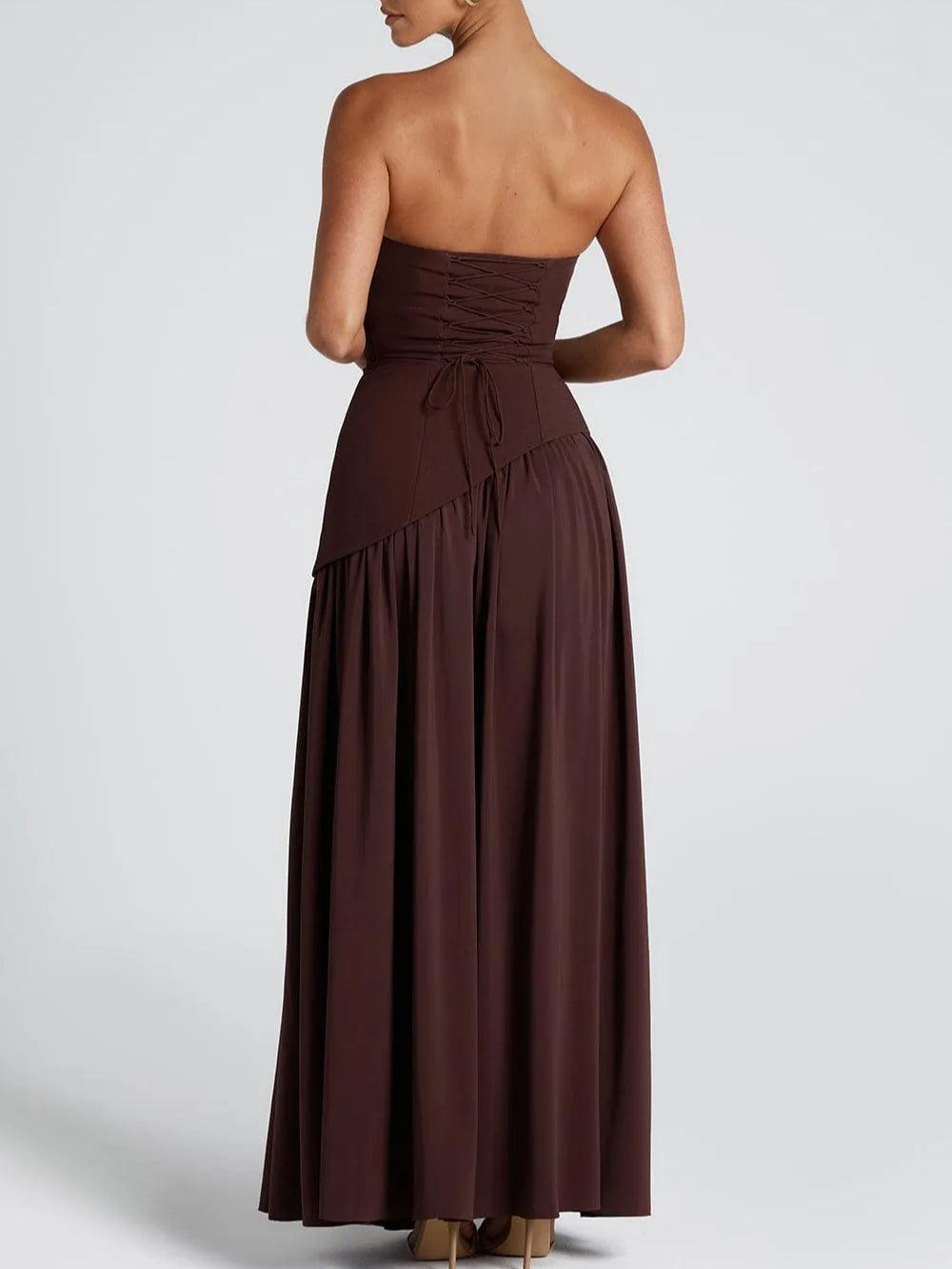 Strapless Slit Ribbon Maxi Dress Claxoria