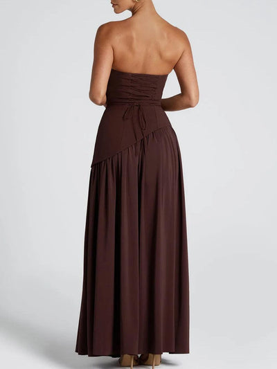 Strapless Slit Ribbon Maxi Dress Claxoria